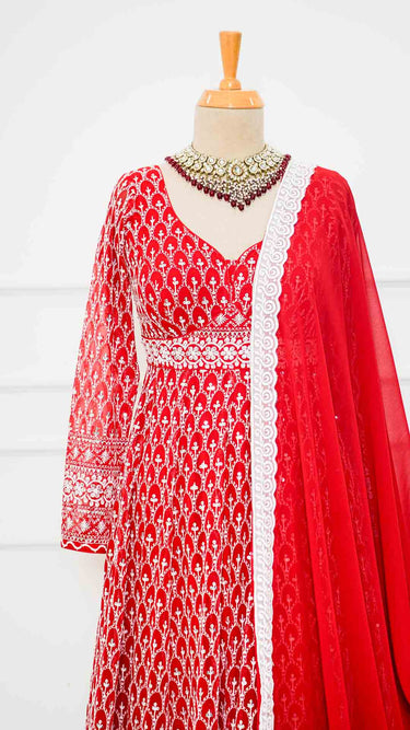 Red Motif Full Sleeve Anarkali with Chudidar and Shawl
