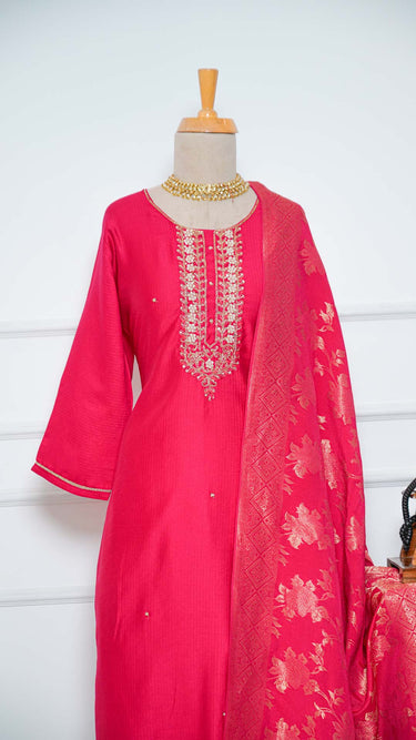 Rani Pink Handwork Neckline Kurti Suit