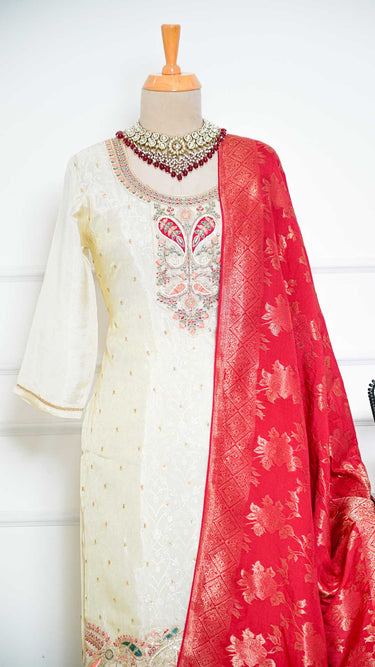 Cream Paisley Contrast Kurti Suit