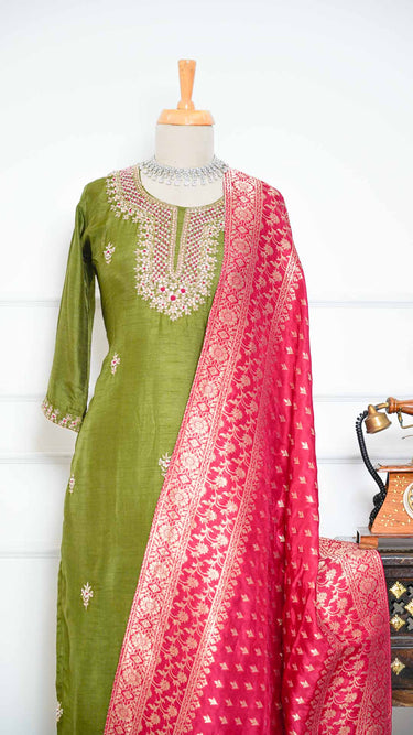 Mehendi Green with Contrast Pink Shawl Kurti Suit