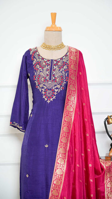 Dark Purple Contrast Handwork Kurti Suit