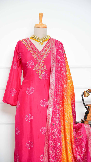 Hot Pink Chunari Print Handwork Kurti Suit