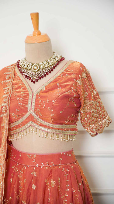 Peach Fendi Paisley Handembroidered Lehenga