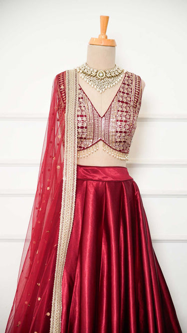 Maroon Zariwork Patti Border Lehenga in Silk