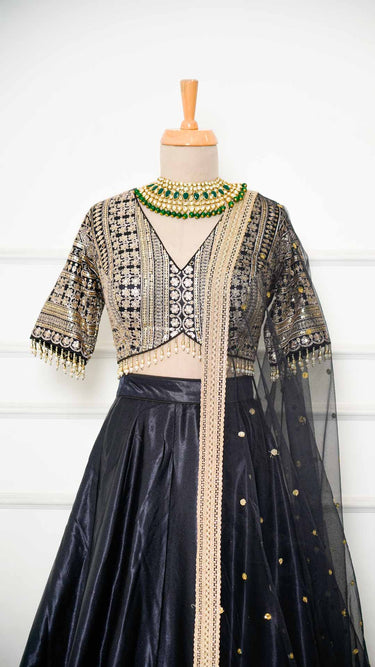 Black Zariwork Patti Border Lehenga in Silk