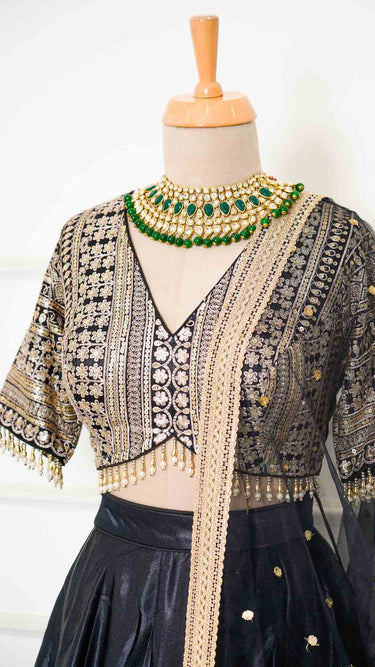 Black Zariwork Patti Border Lehenga in Silk