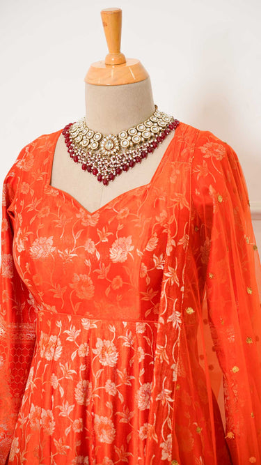 Orange Floral Banarasi Anarkali Suit