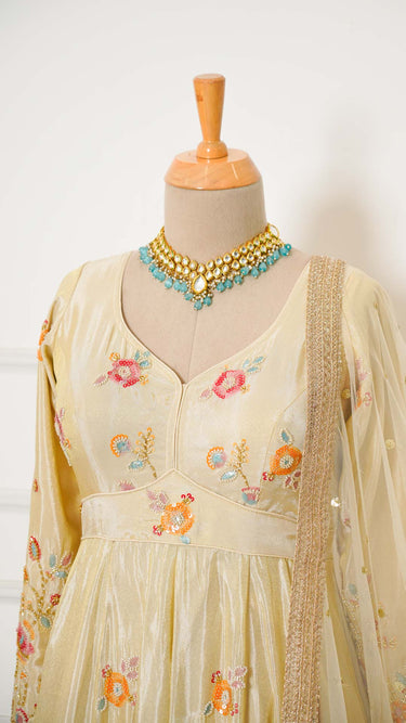 Cosmos Handwork Beige Anarkali Suit with Floral Embroidery