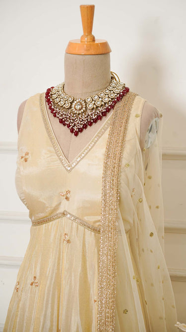 Cosmos Handwork Beige Anarkali Suit with Buttiwork