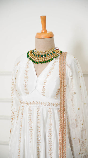 White Pure Crepe Gold Handembroidered Anarkali Suit