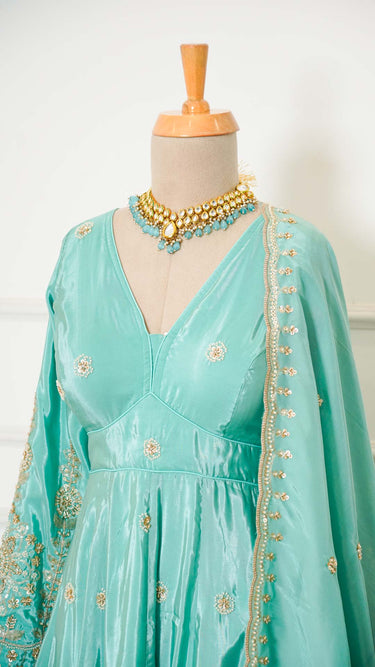 Sky Blue Crepe Handwork Banarasi Anarkali Suit
