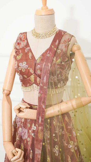 Multicolor Rust Floral Handwork Lehenga with Contrast Shawl