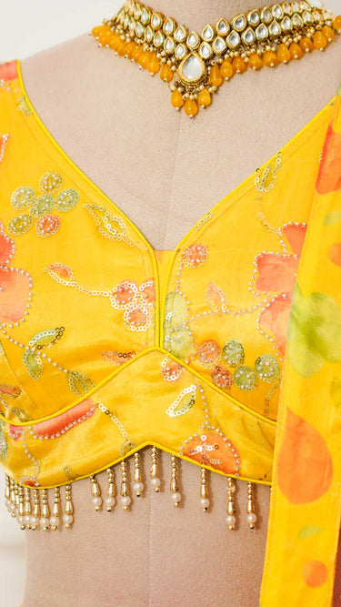 Multicolor Yellow Floral Handwork Lehenga with Contrast Shawl
