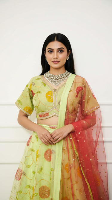 Lime Green Floral Organza Lehenga with Contrast Dupatta