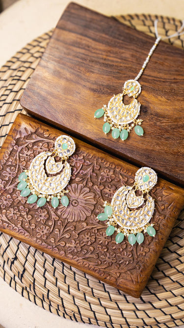 Mint Green Pearl and Stone Earrings with Bindi Rani - House of Nepal
