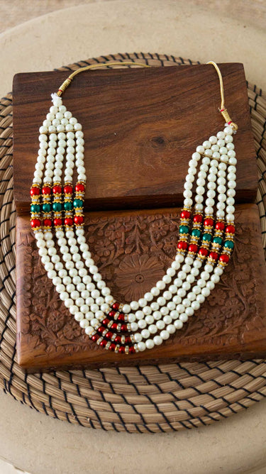 Four Layered Kids Pearl Mala with Red and Green Beads - House of Nepal