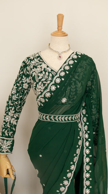 Dark Green Handwork Saree with Boutique Blouse,Belt and Potli