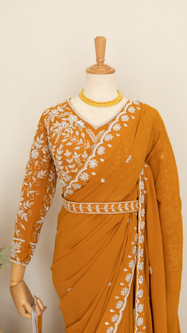 Mustard Yellow Handwork Saree with Boutique Blouse,Belt and Potli
