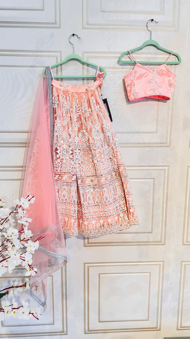 Girls Peach Pink Thread and Sequin Work Lehenga With Boutique Blouse and Dupatta - House of Nepal