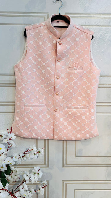 Baby Pink and White Shimmer Embroidered Neheu Jacket - House of Nepal