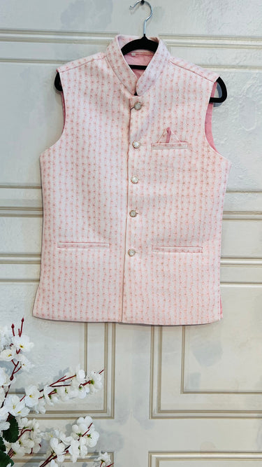 Pink and White Shimmer Emroidered Nehru Jacket - House of Nepal