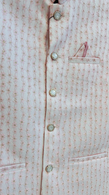 Pink and White Shimmer Emroidered Nehru Jacket - House of Nepal