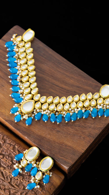 Bhavya Kundan Necklace in Sky Blue with Earrings