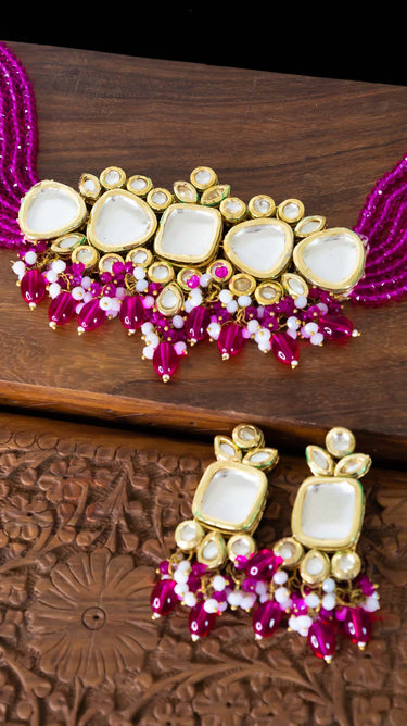 Tanvi Kundan Choker in Hot Pink with Earrings