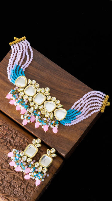 Tanvi Kundan Choker in Sky and Baby Pink with Earrings