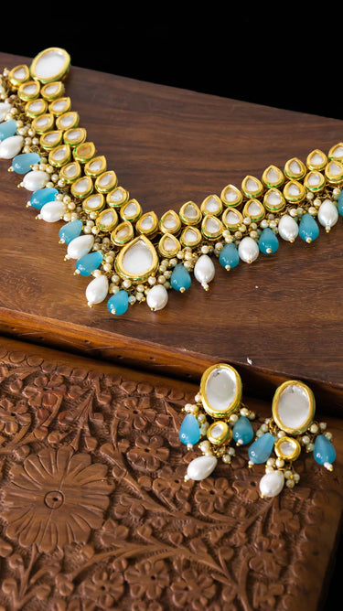 Esha Kundan Necklace in Sky and White with Earrings