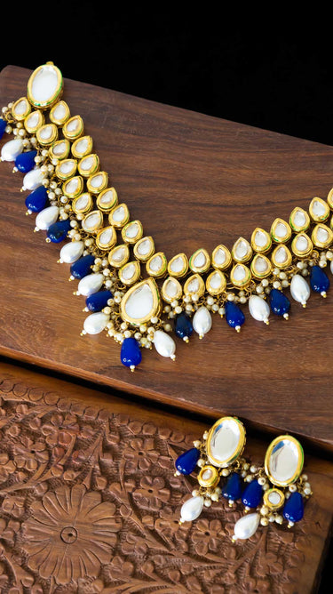 Esha Kundan Necklace in Blue and White with Earrings