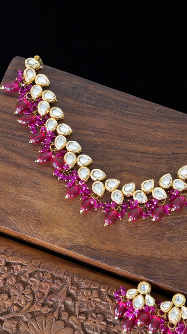 Vani Kundan Necklace in Magenta with Earrings