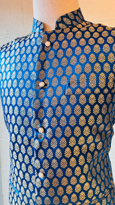 Royal Blue and Golden Brocade Waistcoat With Topi