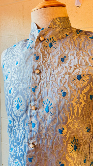 Blue & Silver Brocade Waistcoat With Topi