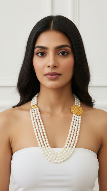 White Pearl Gold Plated Necklace Chandra Haar Calla - House of Nepal