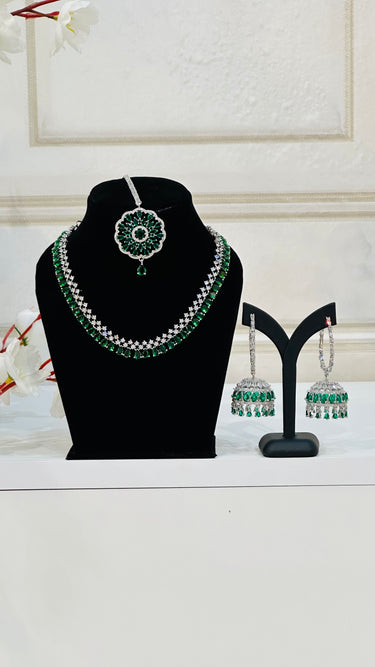 Emerald American Diamond Necklace With Earrings and Bindi GemCraft - House of Nepal