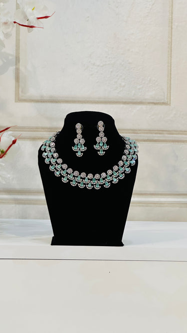 Aqua American Diamond Necklace With Earrings SparkStone - House of Nepal
