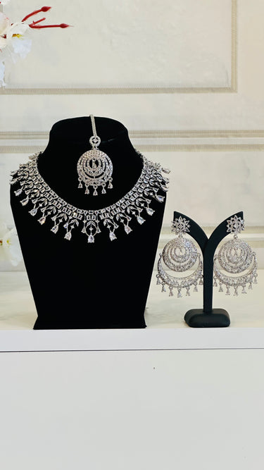 White American Diamond Necklace With Earrings and Bindi VivaStone - House of Nepal