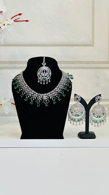 Emerald American Diamond Necklace With Earrings and Bindi VivaStone - House of Nepal