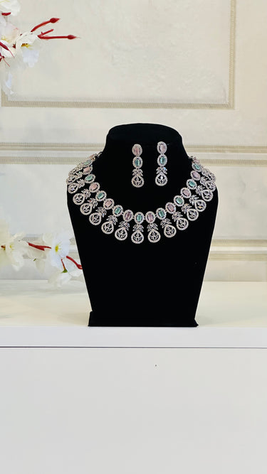 Pink and Aqua American Diamond Necklace With Earrings JewelSculpt - House of Nepal