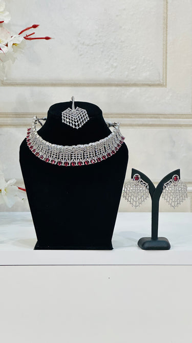 Ruby American Diamond Necklace With Earrings and Bindi Gacrux - House of Nepal