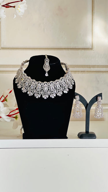 White American Diamond Necklace With Earrings and Bindi Achernar - House of Nepal