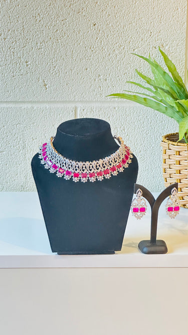 Pink American Diamond Necklace With Earrings Saiph - House of Nepal