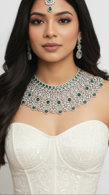 Emerald American Diamond Necklace With Earrings and Bindi Hyacinth - House of Nepal