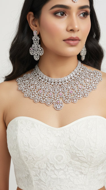 White American Diamond Necklace With Earrings and Bindi Hyacinth - House of Nepal