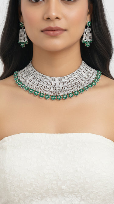 Emerald American Diamond Necklace With Earrings and Bindi - House of Nepal