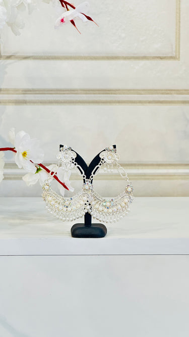 White Rainbow Stone And Pearl Work Jhumka With Beads Lily - House of Nepal