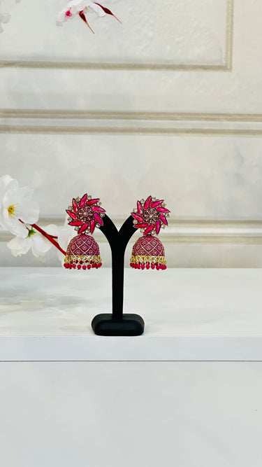 Pink Shiny Mirror Work Jhumka With Beads Aster - House of Nepal
