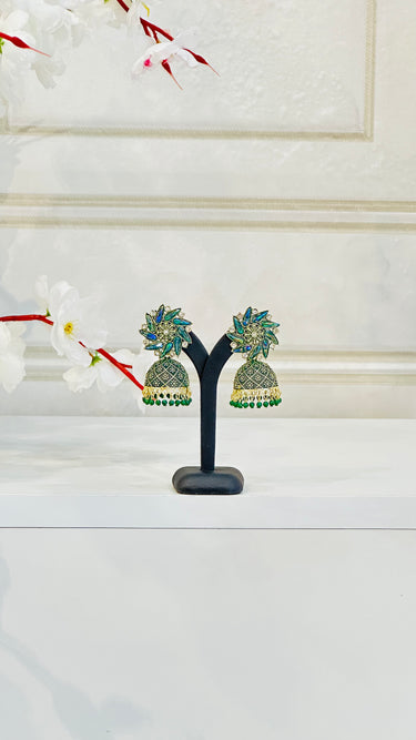 Green Shiny Mirror Work Jhumka With Beads Aster - House of Nepal