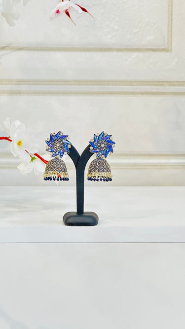 Navy Blue Shiny Mirror Work Jhumka With Beads Aster - House of Nepal
